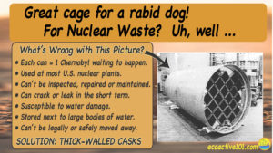 The image title reads, “Great cage for a rabid dog! For nuclear waste? Not so good.” On the right is the image of a thin-walled nuclear waste canister with a grid over the opening. To the left, under the question “What’s wrong with this picture?” are seven bullet points, as follows: “#1, Each can equals one Chernobyl, waiting to happen. #2, Used at most US nuclear plants. #3, Cannot be inspected or repaired. #4, Can crack or leak in the short term. #5, Susceptible to water damage. #6, Stored next to large bodies of water. #7, Cannot be legally or safely moved away.” Across the bottom are the words, “Solution: Replace with thick-walled casks.”
