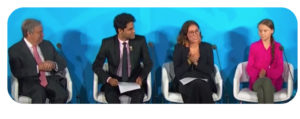 UN Climate Summit Intro - UN Secretary General Guterres, Brazil's Paloma Costa, Indian-born Anurag Saha Roy, and Sweden's Greta Thunberg seated for presentations