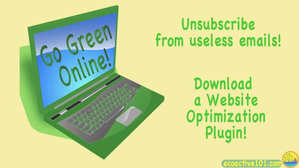 A green computer with the words "Go Green Online" on the screen, and 2 green tips: Unsubscribe from useless emails and Download a website optimization plugin.