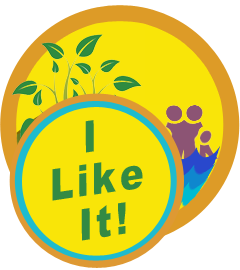 The Team GreenSaver "I Like It" button, with nature scene and family in the background