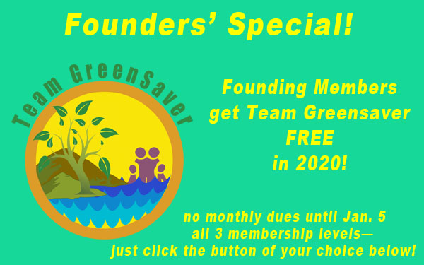 Green background showing Team GreenSaver logo. Headline says "Founders' Special!" Then text says, "Founding Members get Team GreenSaver FREE in 1010! No monthly dues until Jan. 5. All 3 membership levels, just click the button of your choice!"