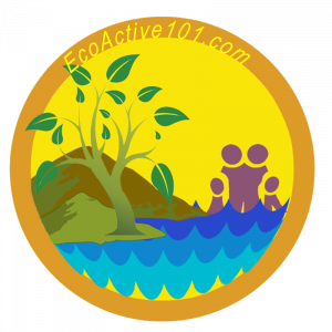the words "Eco Active 101" around the top of a golden circle in which we see a sunny scene of mountains, beach, and a tree with a family with a son and daughter