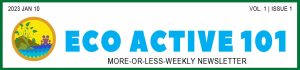 Newsletter header showing "Eco Active 101" in bold turquoise blue letters and under that, "More-or-Less-Weekly Newsletter" in black as well as the newsletter title, date, and issue number.
